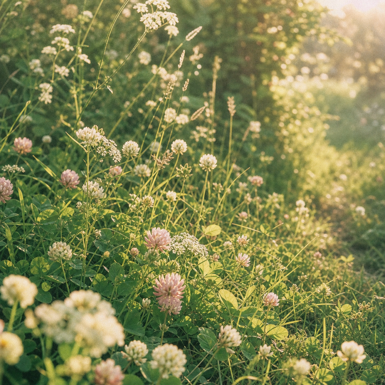 A soft aesthetic meadow scene with clover, wildflowers, and warm natural light.